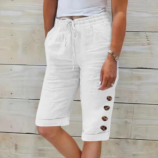 Women Summer Shorts Elastic Waistband Adjustable Drawstring Casual Pants with Pockets Solid Color Buttons Decor Knee-length Pants