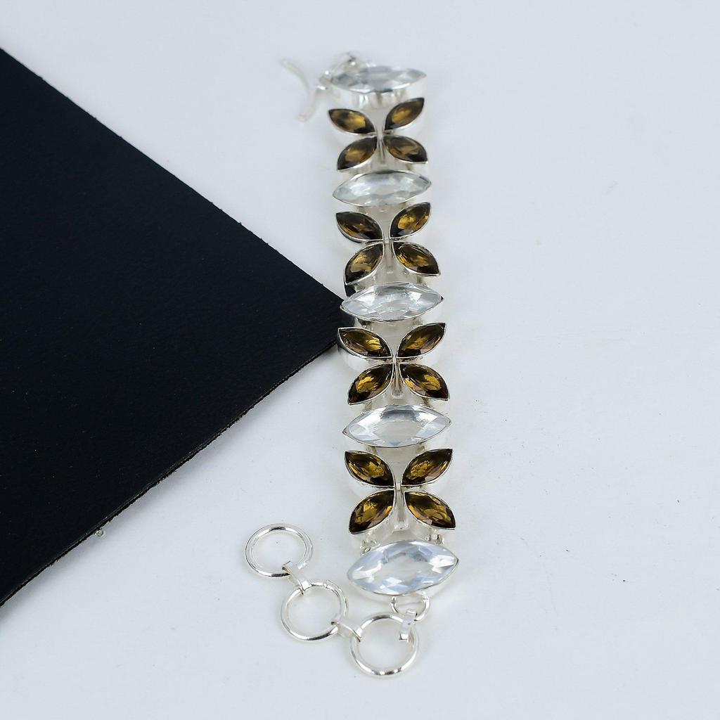 Smoky Topaz , White Topaz Gemstone Handmade 925 Sterling Silver Bracelet, Smoky Topaz , White Topaz Bracelet For Wife , Unisex Bracelet, Gift For Her