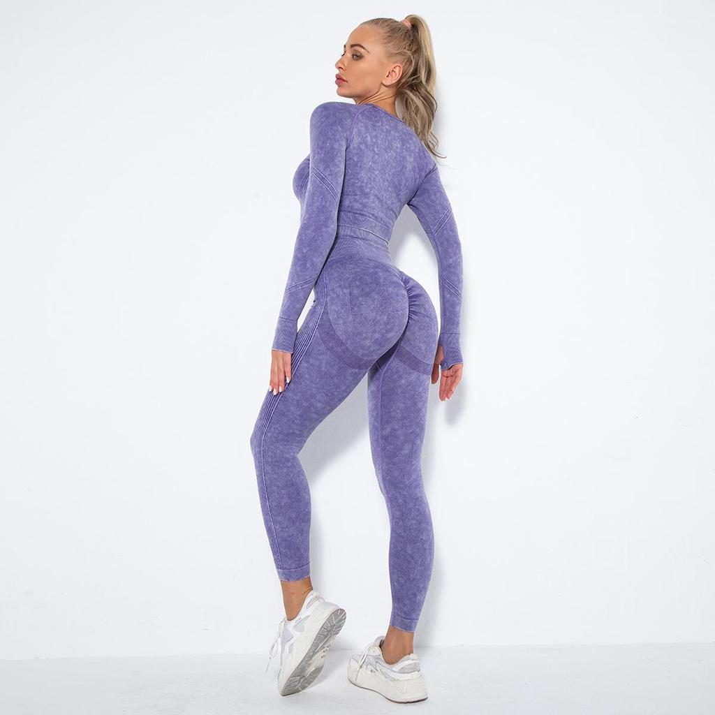 Women Seamless Washed Peach Hip Lifting Sports Running Fitness O Neck Long Sleeve Pant Suits