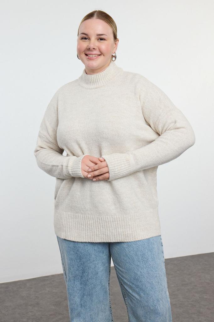 Women's Fashionable Stylish Plus Size Sweater Beige Half Turtleneck Soft Textured Knitwear Sweater