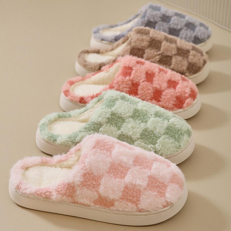 Couple Cotton Slippers Thick-bottomed Plaid Autumn and Winter Cute Flat-bottomed Slippers Winter Velvet Confinement Warm Cotton Shoes Women