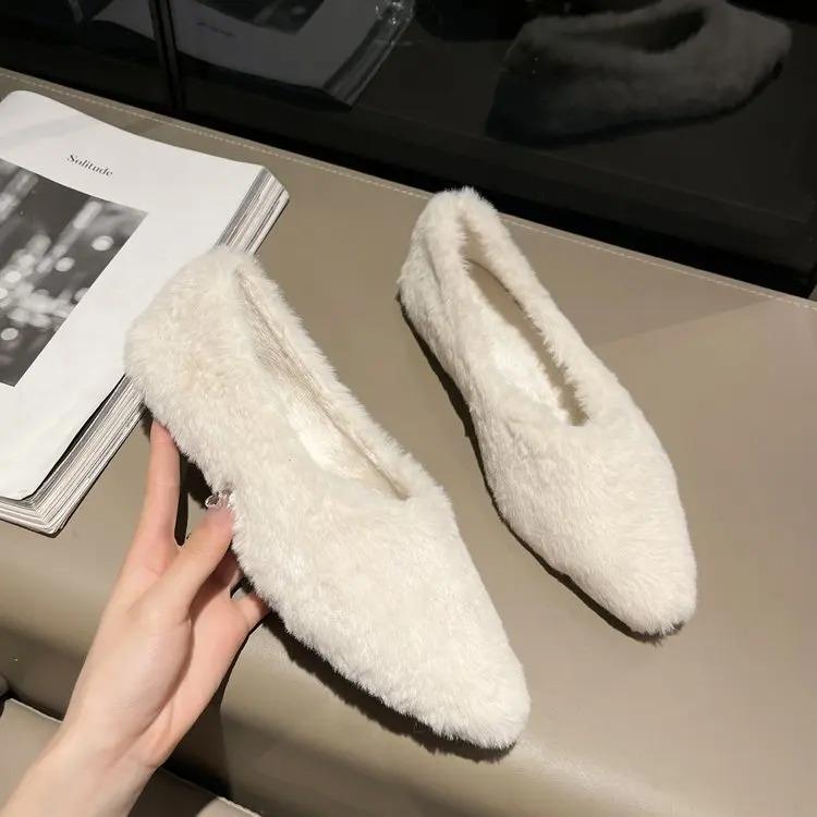 Fashion Women's Pointed Parka Fur Ballet Flats, Plush Pumps, Simple Fur Pumps, Women's Warm Shoes, Winter Fashion