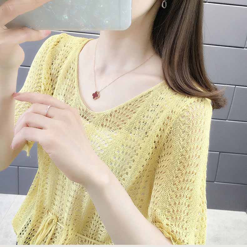 Korean Loose Drawstring Hollow Knit Pullover Blouse Short Sleeve Versatile Thin Sweater Women