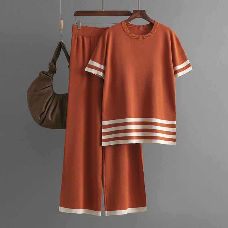 Fall Winter Lazy Wind Loose High Collar Pulllover Sweater Suit Women's Solid Color Short Sleeve Knit Wide Leg Pants Two Piece Set