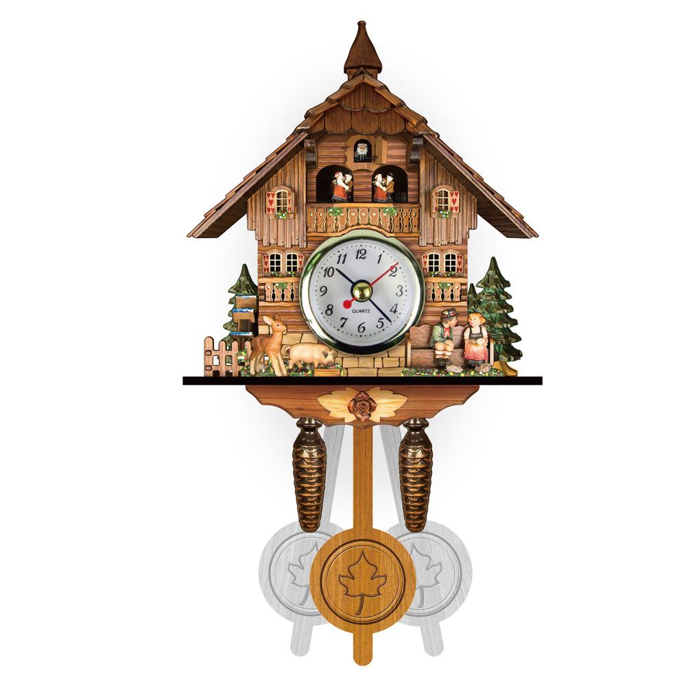 New Clock Wall Wooden Wood Pendulum Vintage Clocks Cuckoo Kids Bird Hanging Retro 3D Chiming Decor Forest Silent Decorative Room