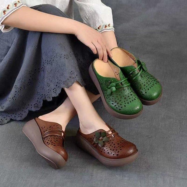 Summer Hollow Retro Soft Leather Half Slippers Women's 2025 Summer New Thick-soled Flower Outer Wear Bag Head Hole Slippers