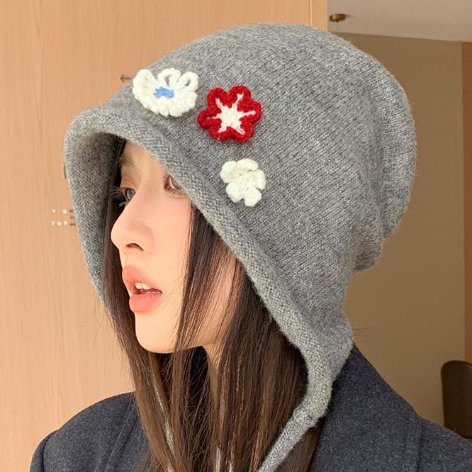 Осенне-зимняя вязаная шляпа-ведро с цветами Новая шляпа Женская милая шляпа-ведро Повседневная шляпа-ведро