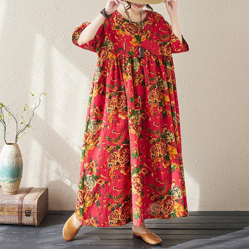 Short Sleeve Plus Size Cotton Vintage Floral New In Dresses for Women Casual Loose Long Summer