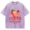 Cotton Womens Acid Wash T-Shirts Fresh Strawberriy Printing Tees Oversize Comfortable O-Neck Short Sleeve Casual Clothes