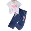 Girls' Fashion Set: Summer Children's Bow Print Short-sleeved T-shirt + Denim Trousers