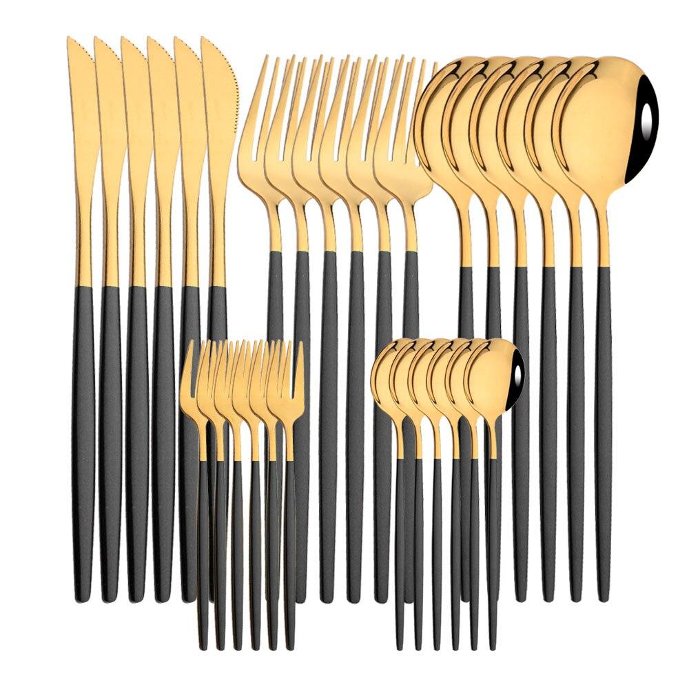30pcs Gold Dinnerware Set Stainless Steel Cutlery Set Steak Knife Fork Coffee Spoon Flatware Cake Fork Teaspoon Silverware Western Kitchen Tableware