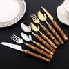 24Pcs Stainless Steel Flatware Natural Bamboo Handle Dinnerware Vintage Salad Server Fork Spoon Cutlery Set Kitchen Tableware