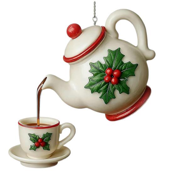 Christmas Teapot Ornament Holly Vintage Tea Cups And Pot Set Xmas Tree Hanging Ornaments 2D Acrylic Teapot Decor with Pouring Tea Effect