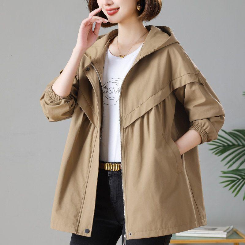 Windbreaker Jacket for Women In Spring and Autumn, Casual, Versatile, Plus Size, Loose Fit, Hooded, Medium To Long Length Jacket, Women's Clothing
