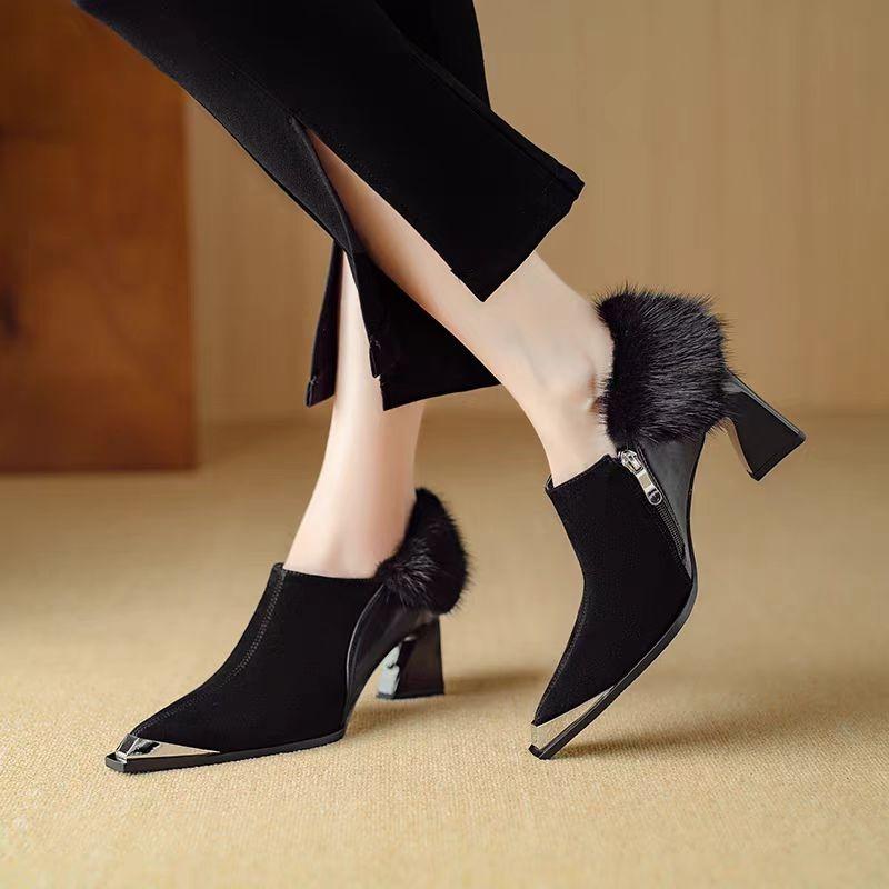 Fashion Autumn New Coarse Heel Shoes Women Fashion Metal Pointed Side Zipper Anti-slip Wear-resistant Plush Low-top Shoes