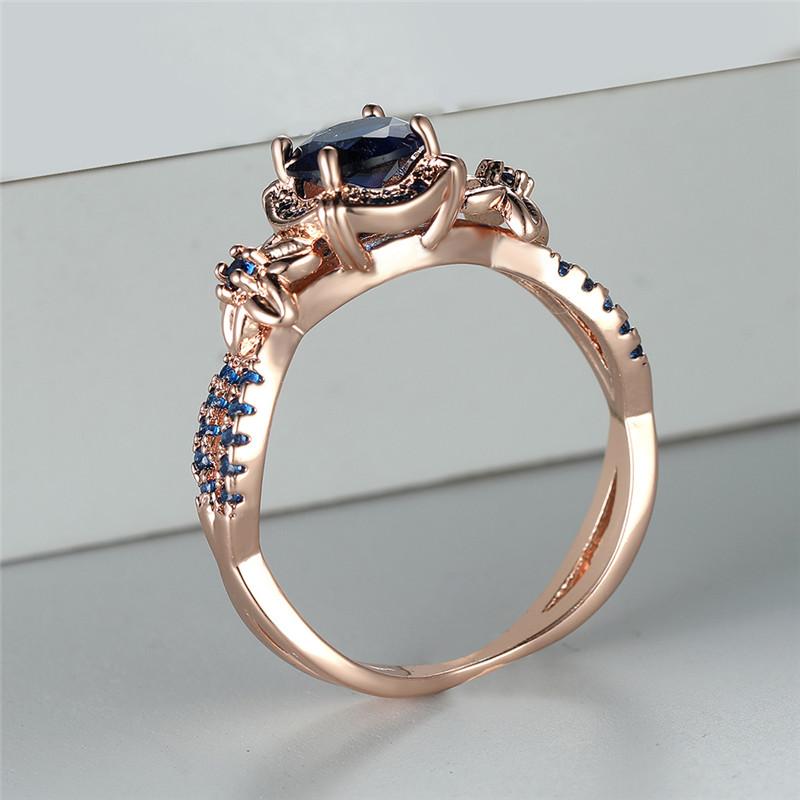 Vintage Rose Gold Color Ring Flower Style Round Cut Blue Stone Rings for Women Luxury Claw Ring Anniversary Gifts
