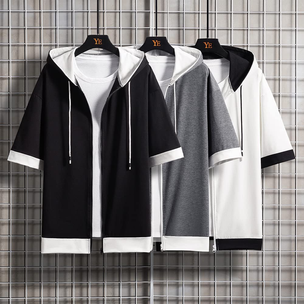 Летний короткий свободный большой на молнии многослойный [foveitaa] Мужская одежда, худи, футболка, рукав, рукав 5/8, посадка, стильный, размер, вверх, простой, модный,