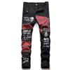 Fashion Red Plaid Patchwork Punk Rivet Men Slim Jeans Trousers Skull Letters Print Hip Hop Chain Denim Pants