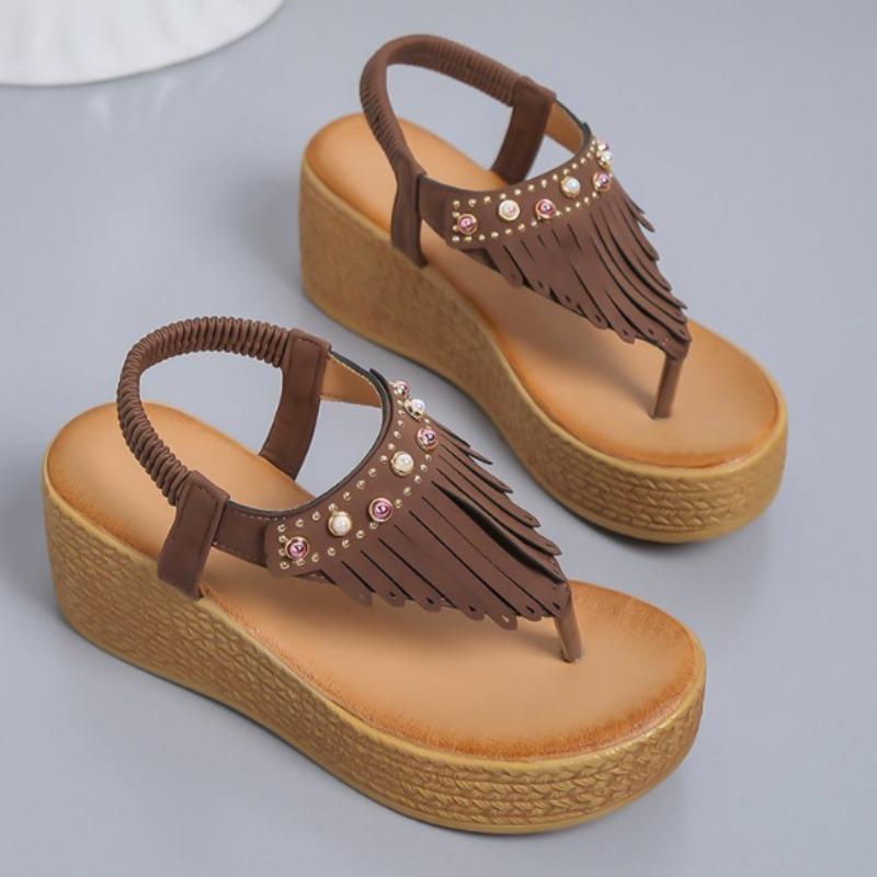 Large Tassel Open Toe Women Sandals Platform Sandals  Sparkling Sleeves, Soft Sole Wedge Zapatos De Muje