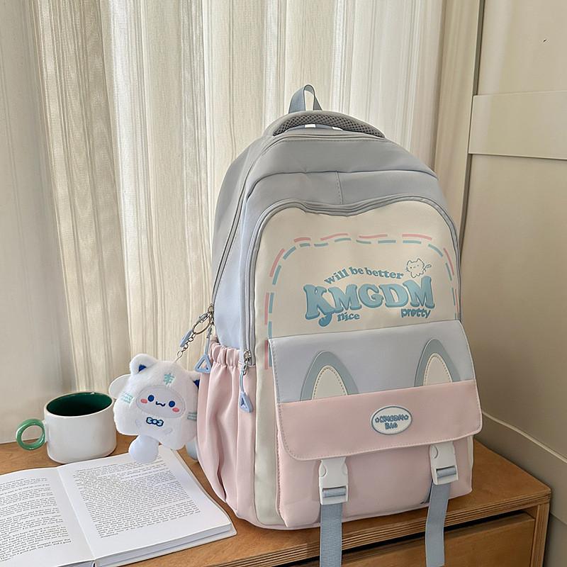 Cute Ears Cat Design Letter Line Pattern Student Backpack With Pendant Plush