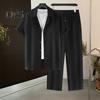 2 шт./комплект мужской повседневный наряд однобортная рубашка с лацканами короткий рукав эластичный пояс длинные брюки комплект однотонный наряд