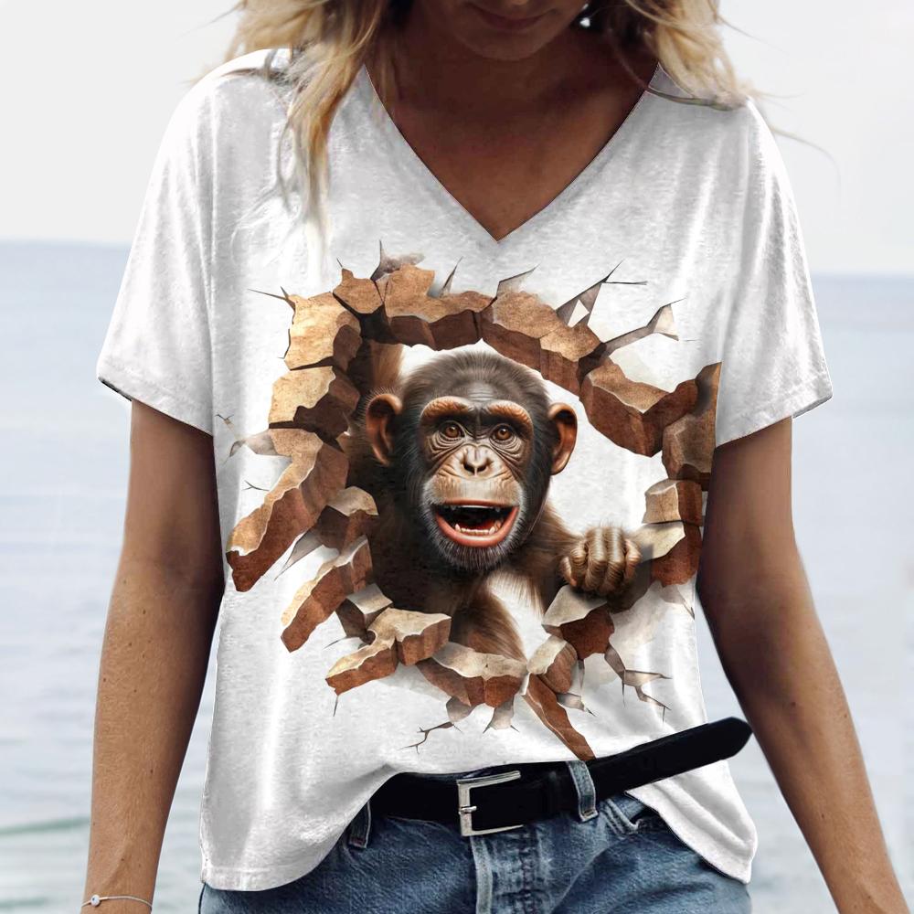 Playful Animals Printed Women's T Shirt Summer Casual Short Sleeve T-Shirts Kawaii 3d V-Neck Tops Tees Women's Oversize Pullover