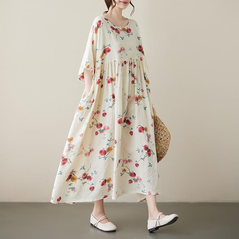 GMXIA Plus-size Women's Summer Chinese Style Flower Print Retro Artsy Dress Fat MM Skirt