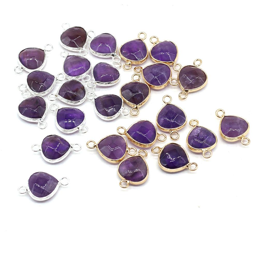 1Pc, Energy Natural Stone Amethyst Connector, Reiki Healing Purple Crystal Pendant Charms Heart Connectors for Jewelry Making DIY Necklace Accessories
