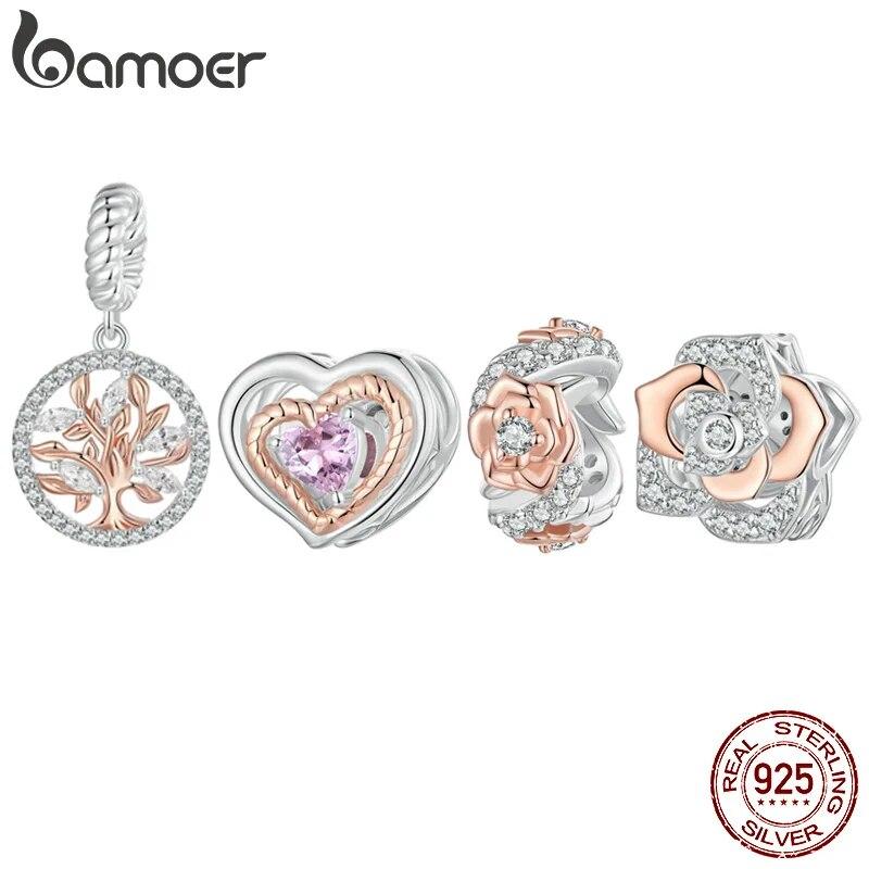 Bamoer Rose Gold Tree of Life Love Hreat Charm Beads for Women Jewelry Making 925 Sterling Silver Charm for Original Bracelet
