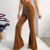 Women Corduroy Pants Elastic High Waist Flared Leg Long Trousers Solid Color Autumn Winter Casual Pants Daily Wear