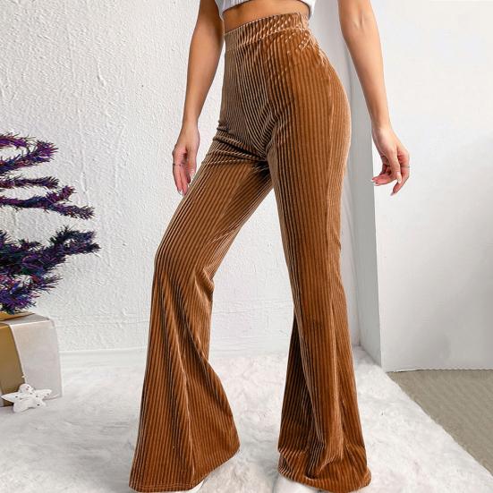 Women Corduroy Pants Elastic High Waist Flared Leg Long Trousers Solid Color Autumn Winter Casual Pants Daily Wear
