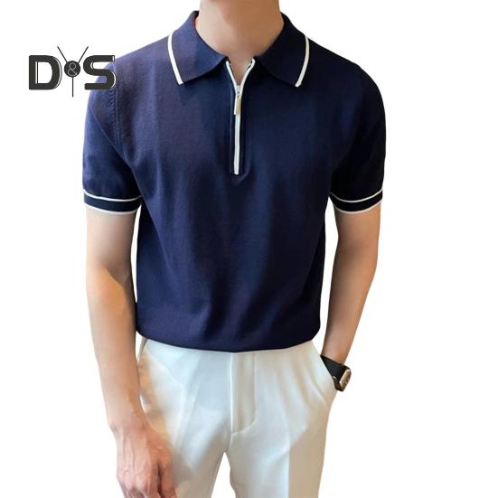 Men Summer Shirt Thin Knitted Short Sleeve Zippered Lapel Top Stretchy Hem Striped Solid Color Loose Shirt for Commuting Travel Outdoor