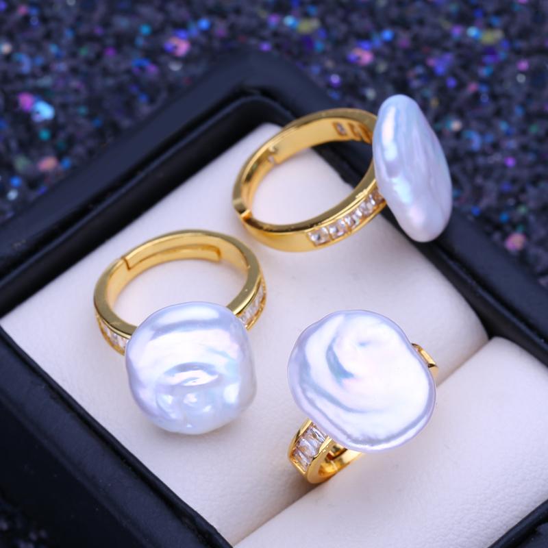 LSOOYH Natural Freshwater Big Button Baroque Pearl Rings For Women Classic Gold Color Party Ring Birthday Gifts