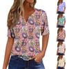 Women's Casual Print V-Neck Short Sleeve Decorative Button T-Shirt Top