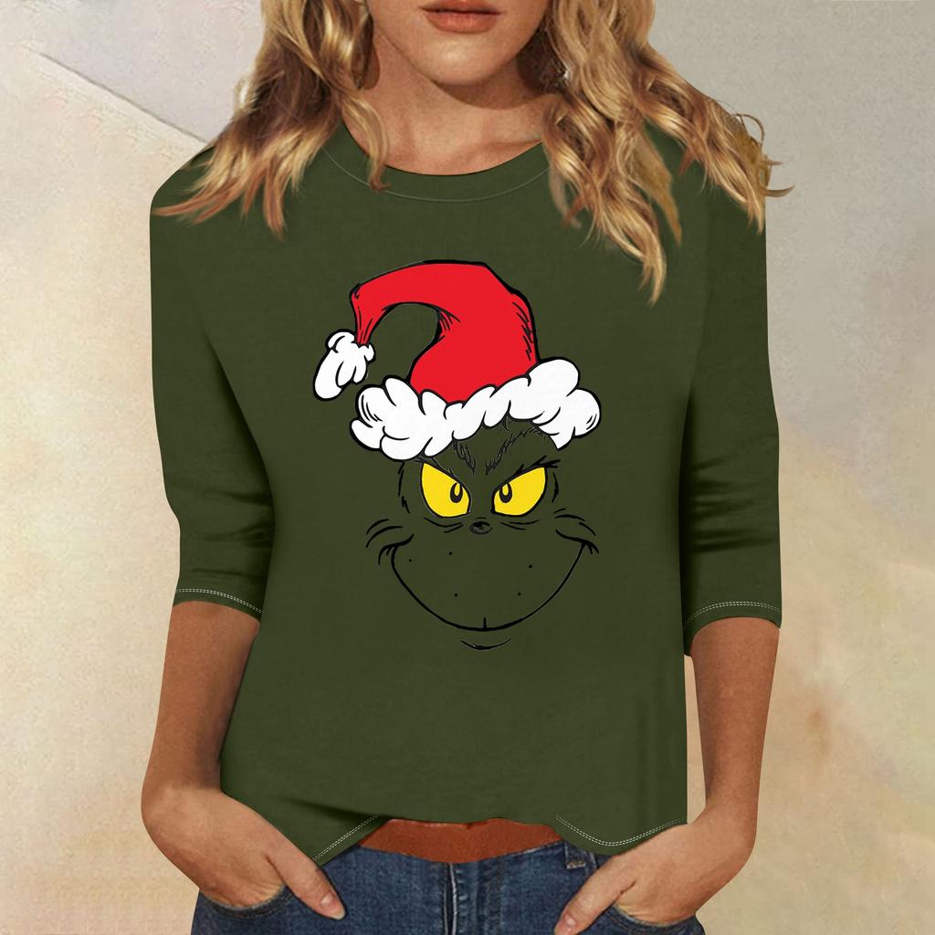 3/4 рукава топы для женщин футболка повседневные рождественские принты топы футболка круглый вырез пуловер блузка