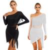 Womens Tango Dance Dress Oblique Shoulder Fringed Design with Sheer Mesh Patchwork and Irregular Hem Latin Costume