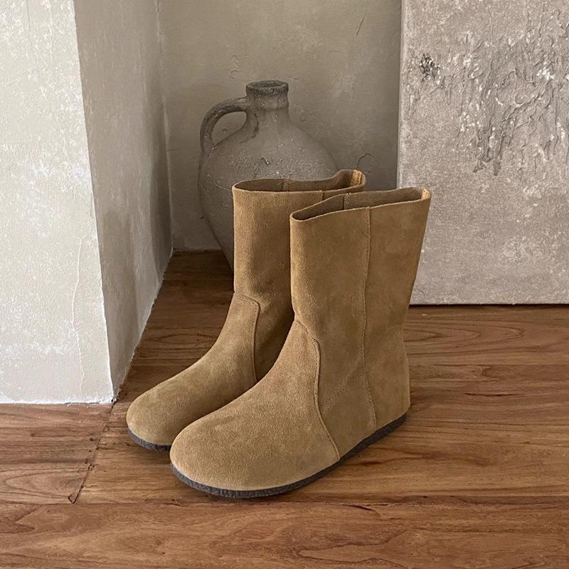 Retro Literary and Artistic Flip Fur Flat-bottomed Short Boots Women's Versatile Round Head Stacking Sleeve Martin Boots