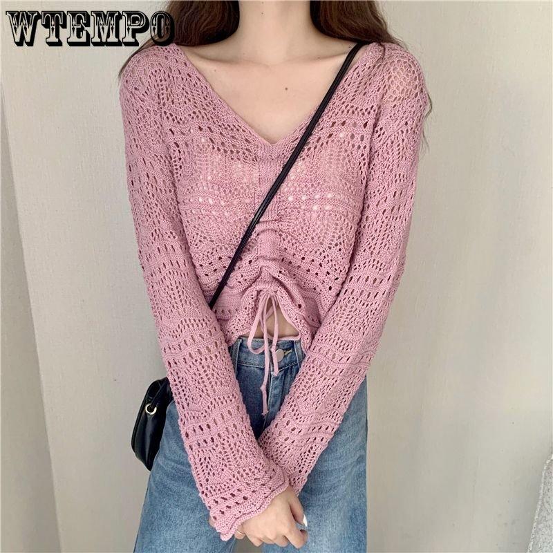 Girl's Hollow Out Solid V-Neck Knitwear Spring Long Sleeve Loose Thin Casual Knitted Tops Drawstring Sunscreen Pullovers