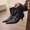 Fashion Pointed Toe Metal Buckle Strap Short Boots For Female Women Thin High Heel 2024 New Leather Fabric Elegant Sexy Winter Shoes