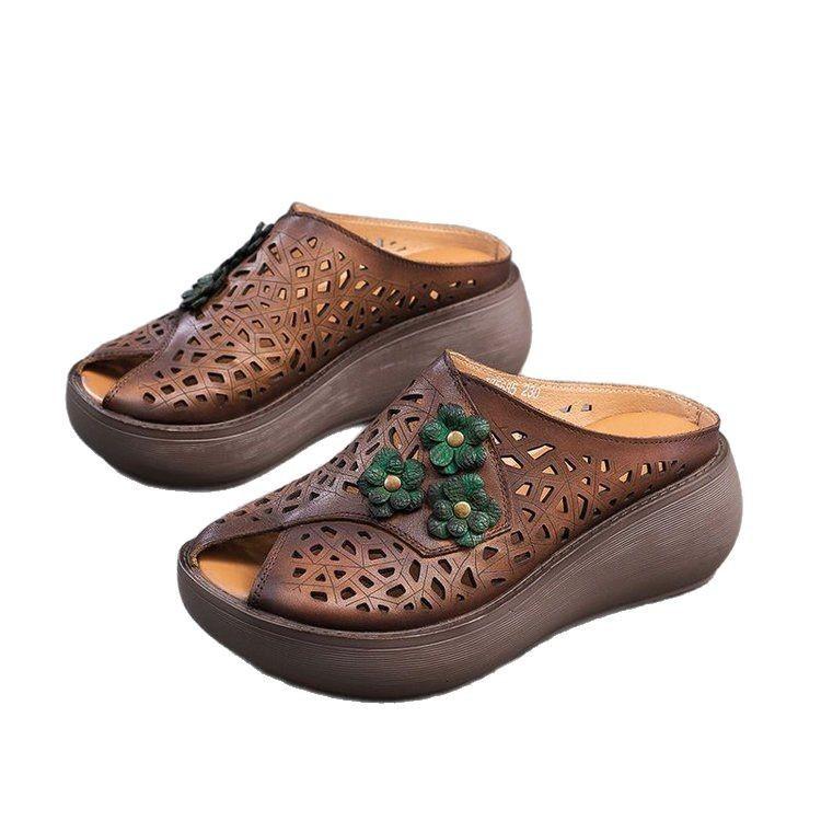 2025 Summer New Retro Ethnic Wind Non-slip and Light Outer Wear Flower Hollow Thick-soled Breathable One-word Drag Shoes