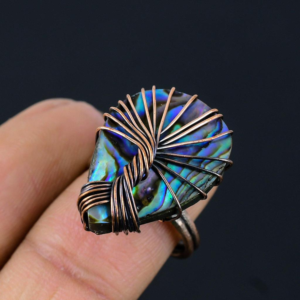 Tree Of Life Abalone Shell Gemstone Copper Wire Wrapped Handmade Jewelry Ring For Gift