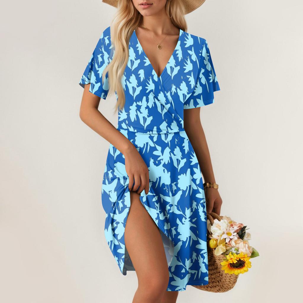 Women's Summer Dress Loose Beach Vacation Casual Deep V Neck Short Sleeve Dress Elegant Dress