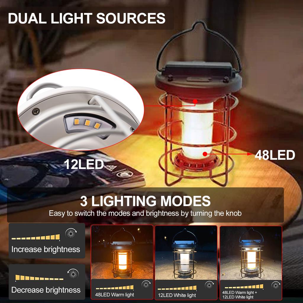 Vintage LED Camping Lantern USB Rechargeable Camping Tent Light Outdoor Decorative Hanging Lantern