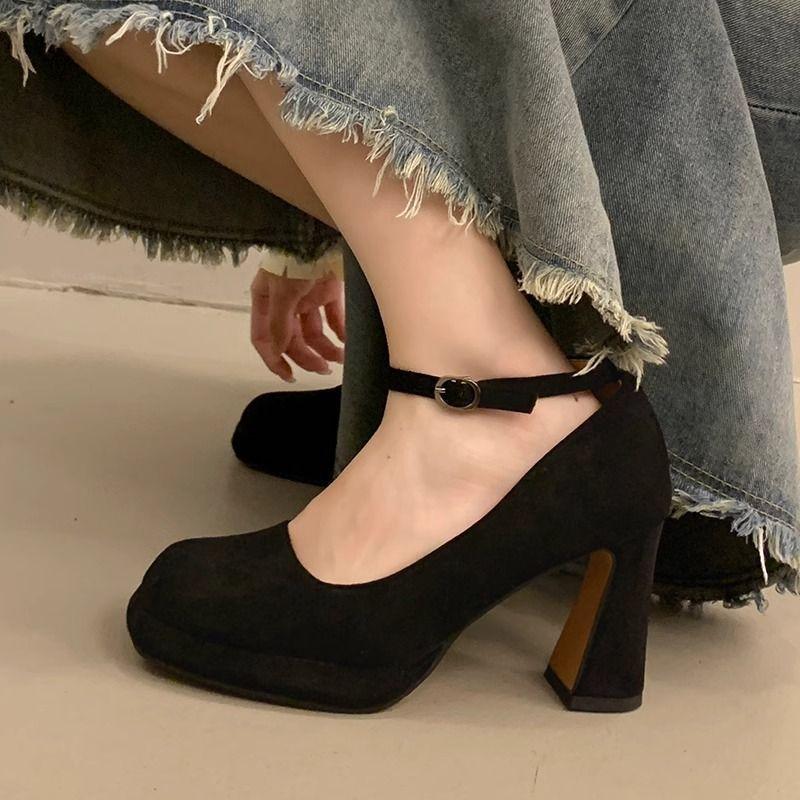 2025 Spring New Retro with Skirt High Heel Thick Heel Mary Jane Shoes Increase Height Korean Fashion Beautiful Single Shoes Women
