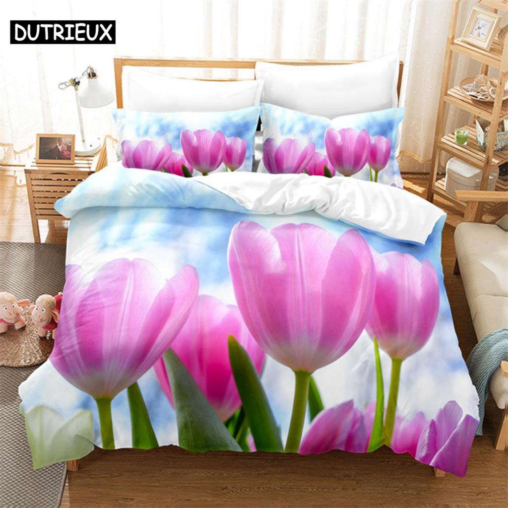 Sky Tulip Lovers Queen Bedding Set Duvet Cover Kids Bedroom Bed Set Comforter Cover Set King Size Duvet Cover Set Bedding Sets