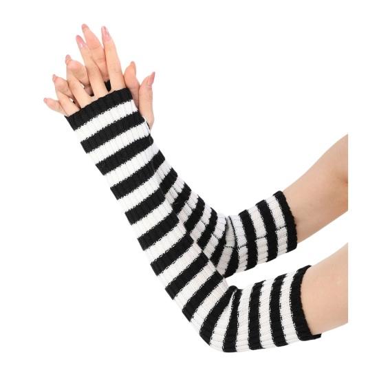 Women Striped Elbow Gloves Winter Knitted Arm Warmers Goth Punk Fingerless Gloves Stretchy Mittens with Thumb Hole for Daily Wear Cosplay