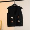 Handmade Flower-appliquéd Knitted Waistcoat Coat Fashion V-neck Vest Short Cardigan Gilet for Spring and Autumn