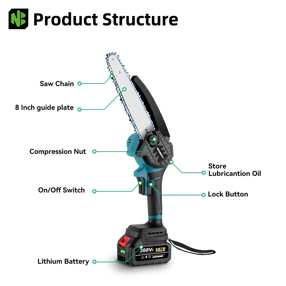 Newbeny 8-Inch Cordless Chainsaw with Brushless Motor 1500W Electric Pruning Saw for Wood Cutting Tree Trimming Gardening with Makita 18V Battery