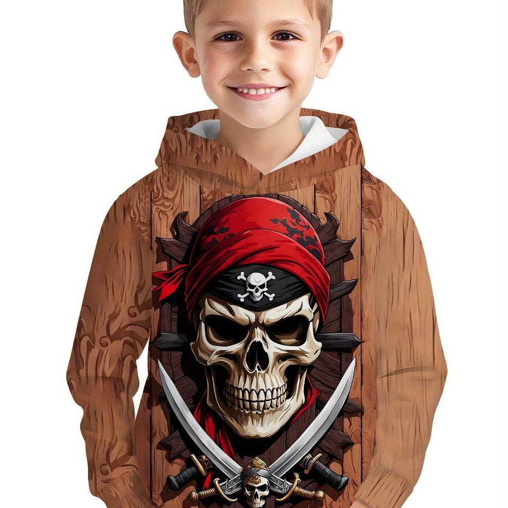 3D Digital Printed Pirate Skull Pattern Hoodie, Fashionable and Trendy Casual Children's Clothing, Suitable for Boys To Go Out, the Perfect