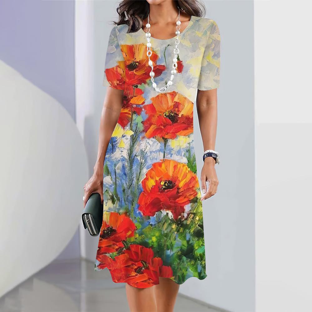 2024 New Spring Women's Dresses Floral Printed Elegant Casual Short Sleeve Dresses Fashion Oversized Women's Dresses